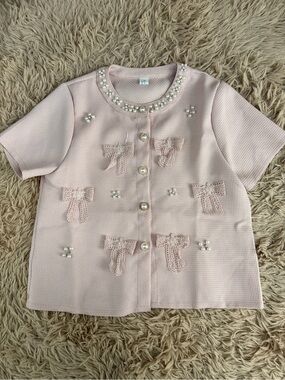 Pink Bow Pearl-Button Short Sleeve Top